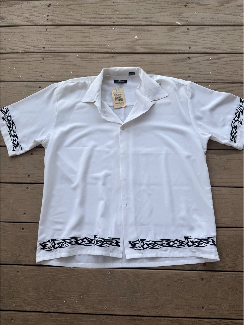 Y2K Amplify Short Sleeve Button Up Camp Shirt Embroidered White Mens